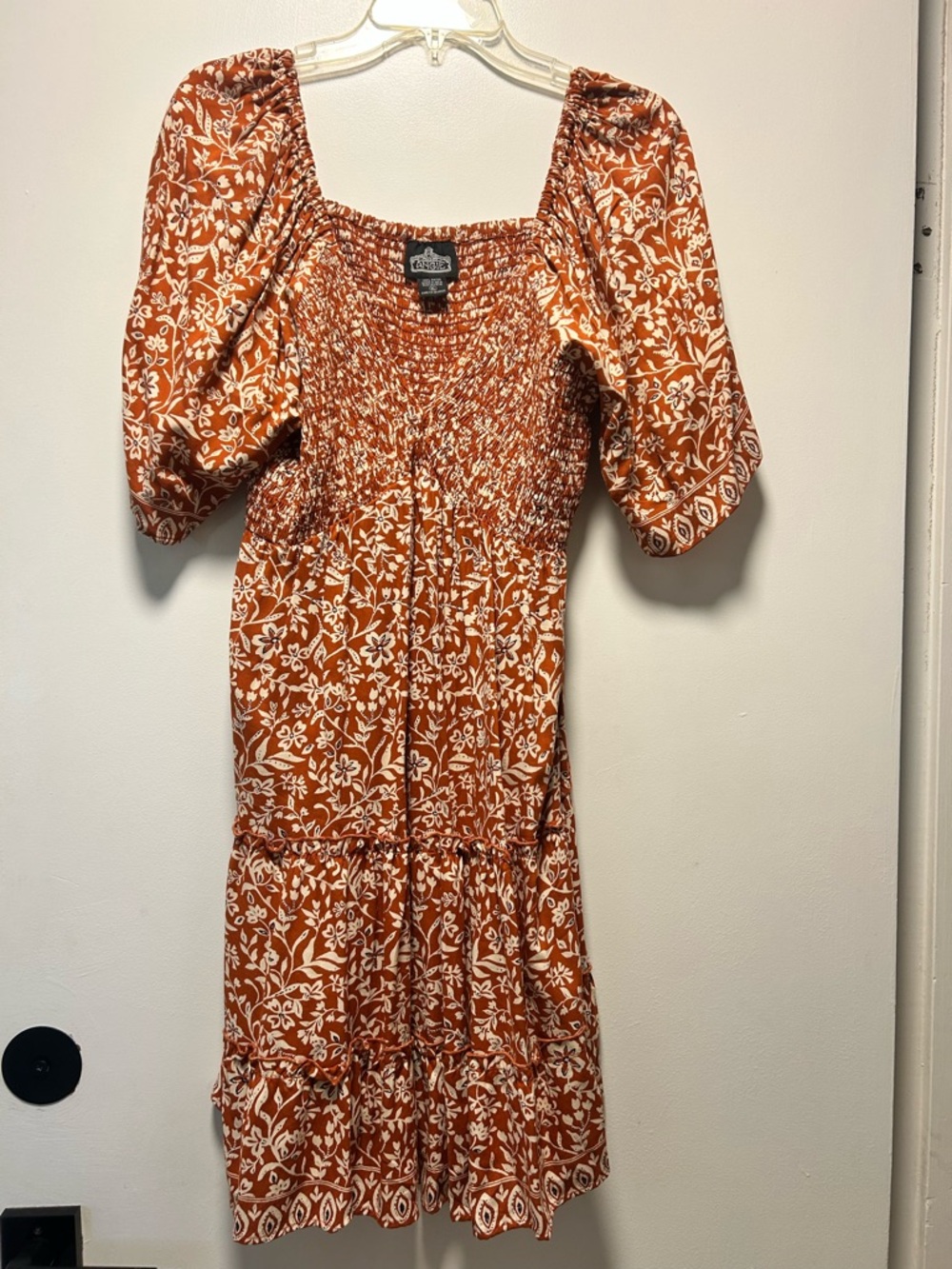 Angie Rust and White Floral Smocked Midi Dress